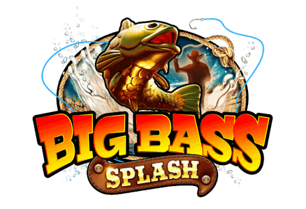 Big Bass Splash key art showing the fisherman character, the bass fish logo mascot and the turquoise underwater setting beneath a desert canyon