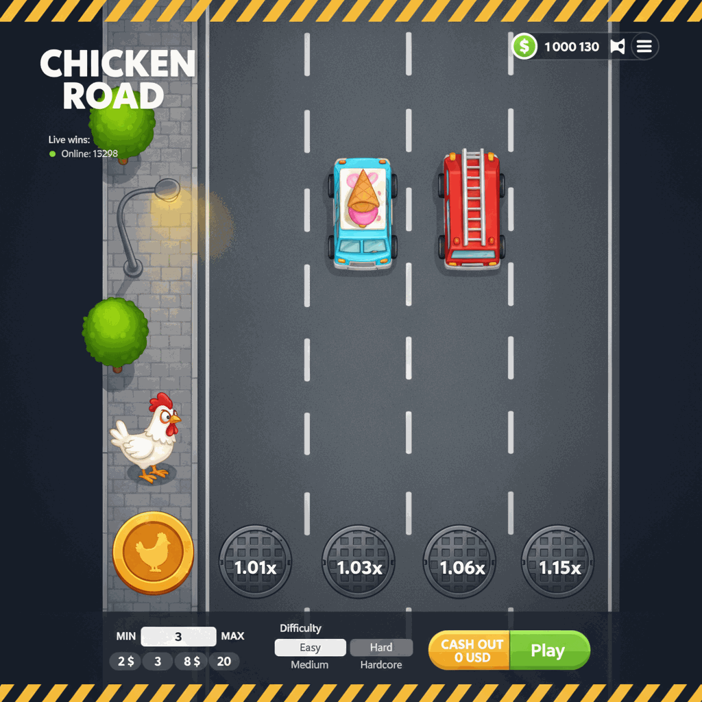 Chicken Road crash game showing cartoon chicken character positioned on left sidewalk preparing to cross multi-lane traffic road with visible lane markers displaying progressive multiplier values from 1.01x upward, dark asphalt surface with white dashed lane dividers, urban scenery with green trees and street lamp in background